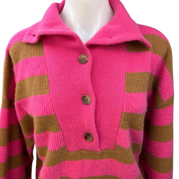 Xirena Rafferty Pink Brown 100% Cashmere Striped Button Collar Sweater Top Sz S - Picture 3 of 5